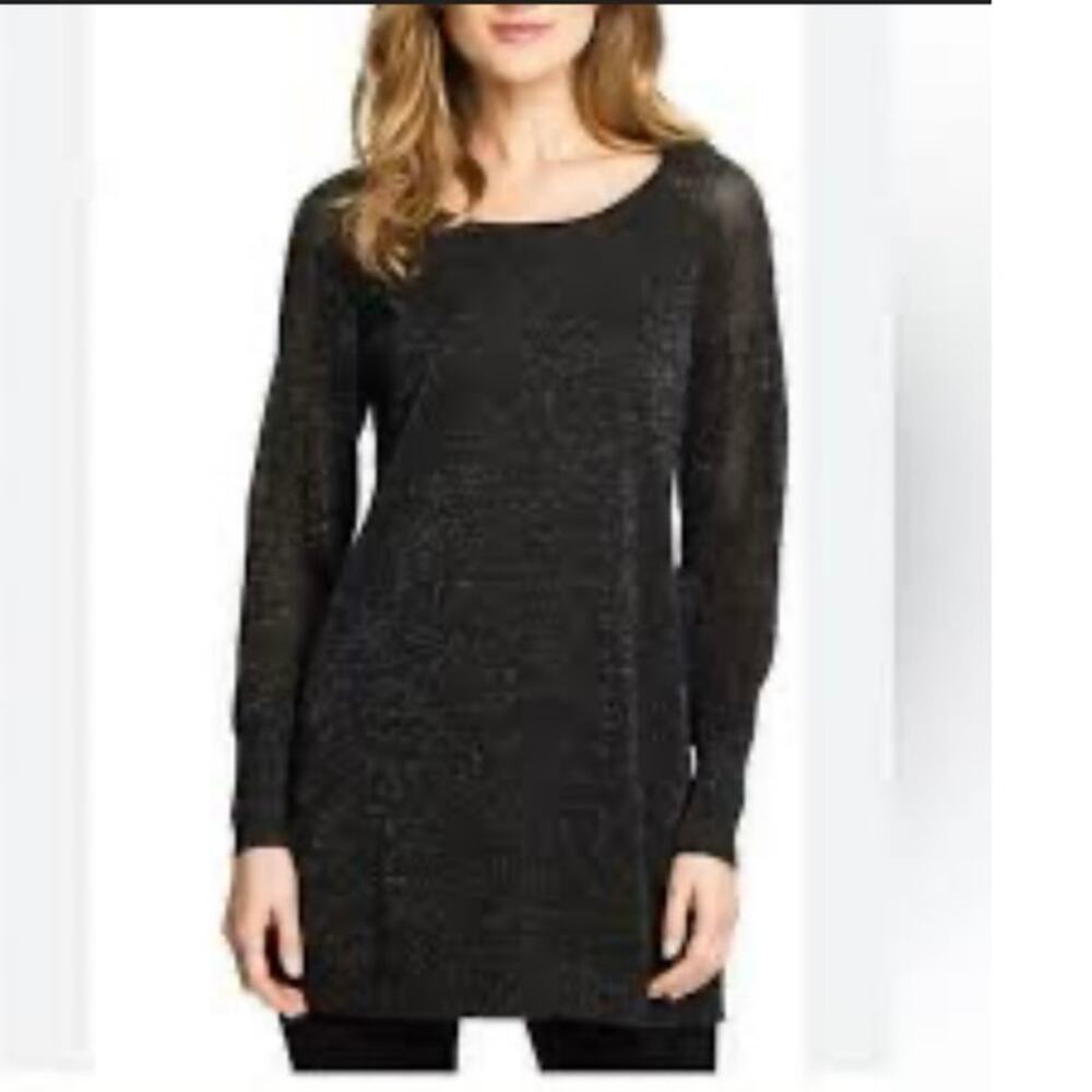 Eileen Fisher Black Metallic Sweater Light Knit PL Wool Blend Holidays Shimmery